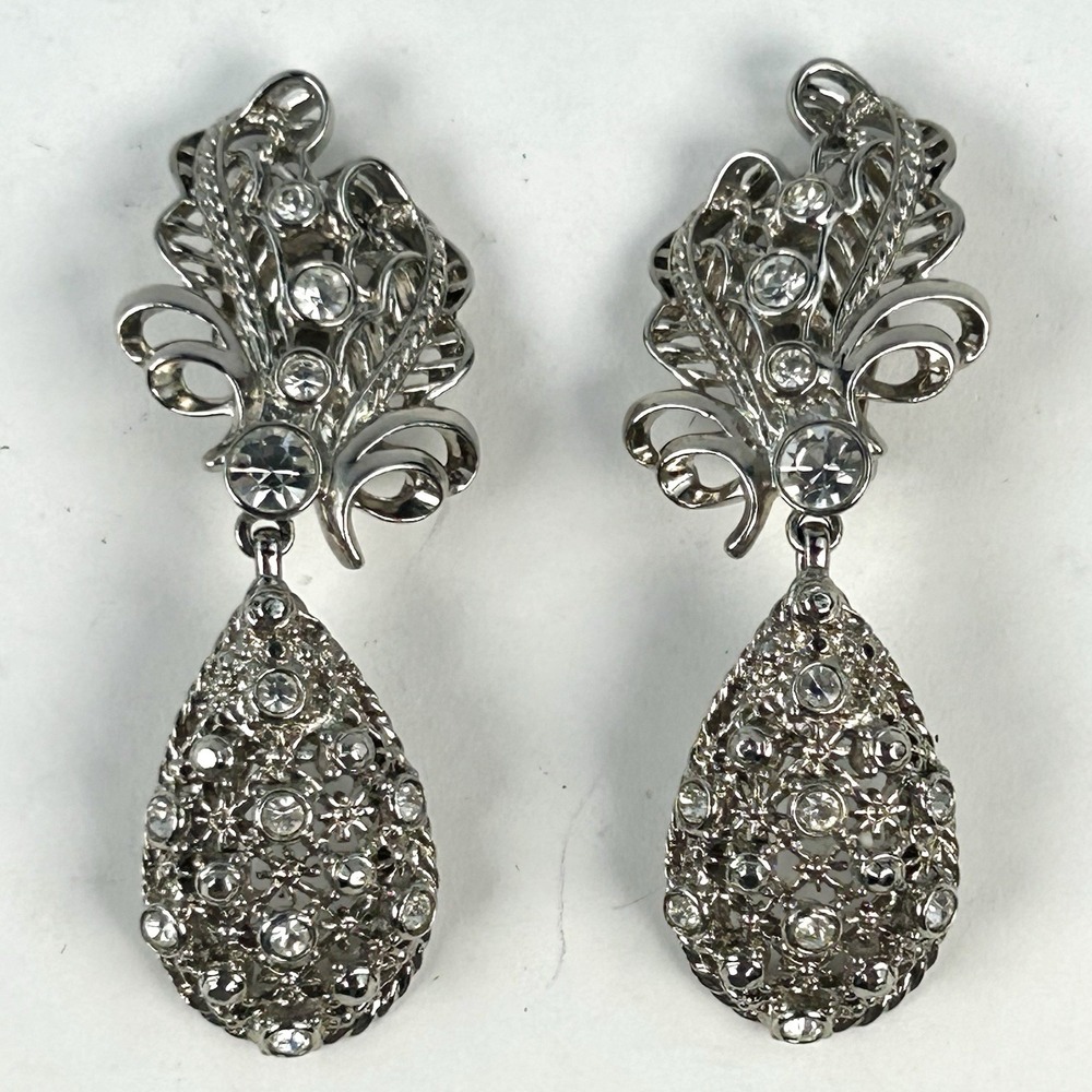 Jose Maria Barrera for Avon Rhinestone Dangle Clip On Earrings Silver Tone